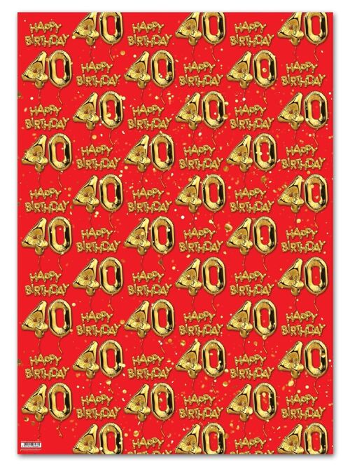 40 Gold Red Balloon Gift Wrap - 40th Birthday **Pack of 2 Sheets Folded**