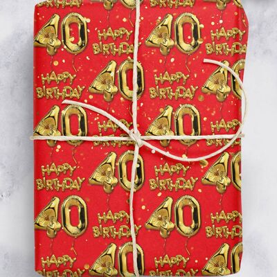 40 Gold Red Balloon Gift Wrap - 40th Birthday **Pack of 2 Sheets Folded**