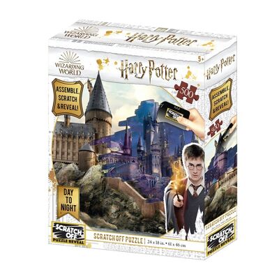 PRIME 3D - Puzzle para rascar tamaño 61x46 cm Harry Potter (Hogwarts Día y Noche) , de 500 piezas. Incluye: rascador, escobita y bandeja