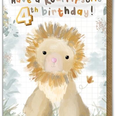 Carta per età dei bambini Simpatico leone ruggente per il 4° compleanno