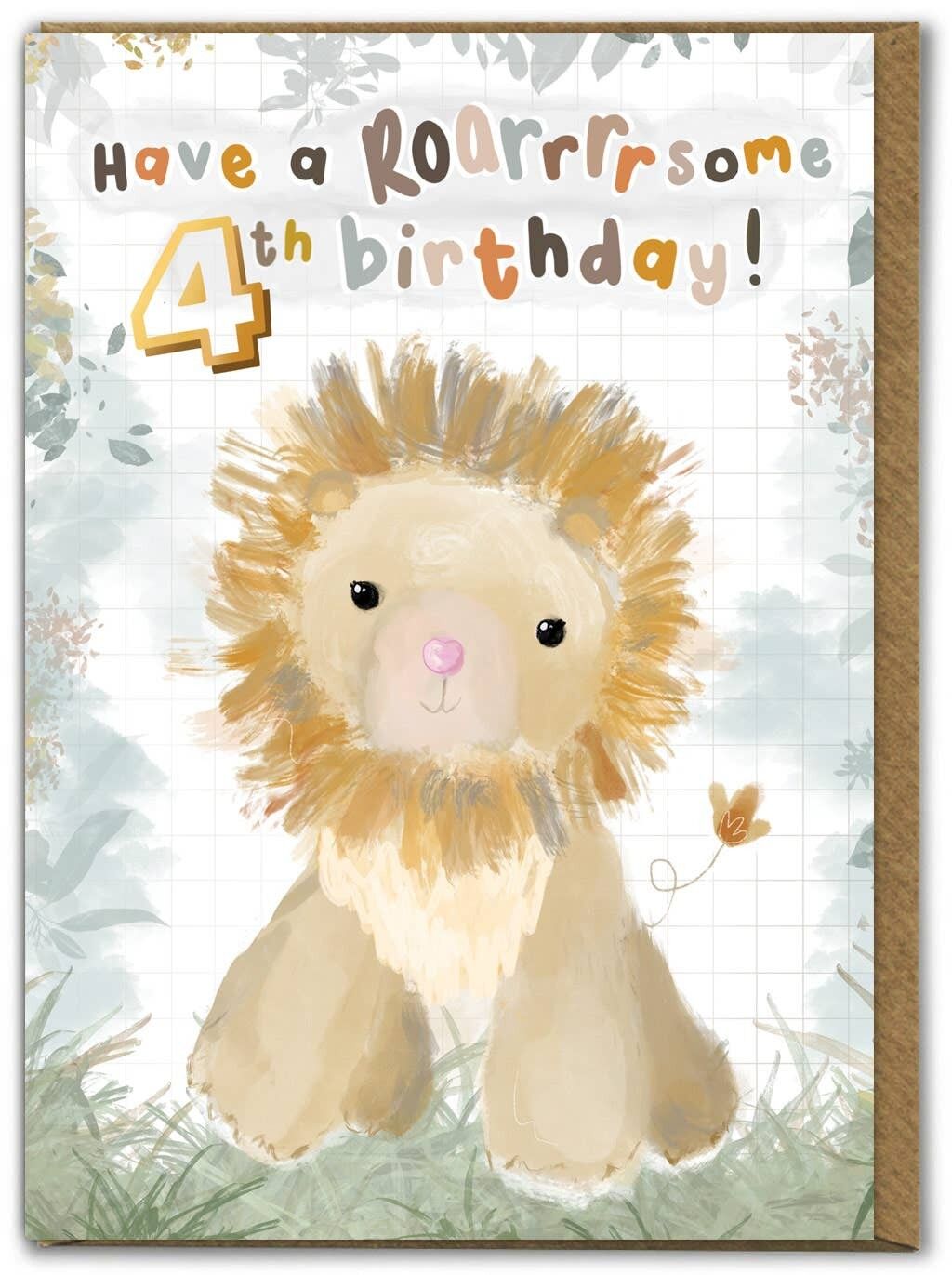 Alterskarte für Kinder Niedlicher brüllender Löwe zum 4. Geburtstag