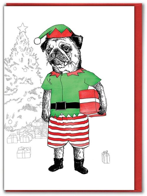 Pug Elf Funny Christmas Card
