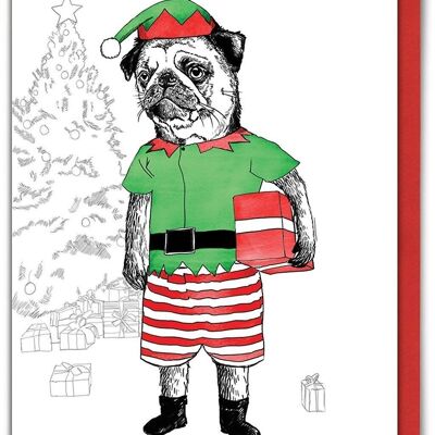 Tarjeta de Navidad divertida de Pug Elf