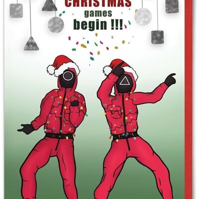 Tarjeta de Navidad divertida - Let The Games Begin - Tarjeta de juego de calamar por Brainbox Candy