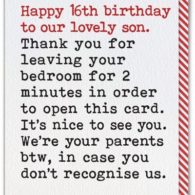 Funny 16th Birthday Card For Son - Leaving Bedroom