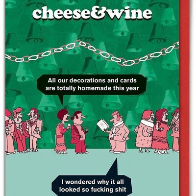 Tarjeta de Navidad con adornos de queso y vino