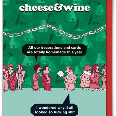 Tarjeta de Navidad con adornos de queso y vino