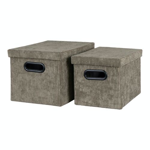 Augusta Boxes - Boxes in corduroy, w. lid, olive green, rectangular, set of 2