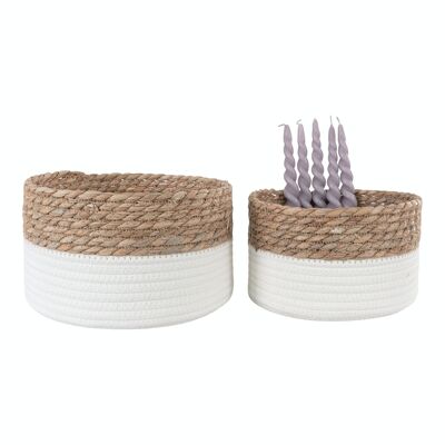Tanta Baskets - Cestini in cotone e giunco, bianco/naturale, rotondi, set da 2