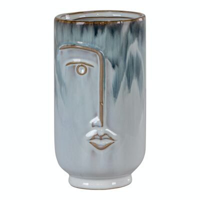 Vase - Keramikvase, zweifarbig blau, mit Gesicht, rund, Ø9,5x17 cm