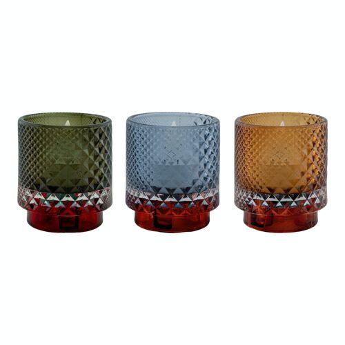 Candle holder - Candle holder in glass, mustard yellow and blue and green, round, Ø7x8 cm, pack of 12