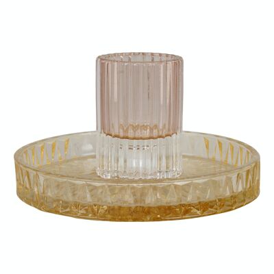 Candle Holder - Candle holder in glass, rose/amber, round, Ø16x8.5 cm