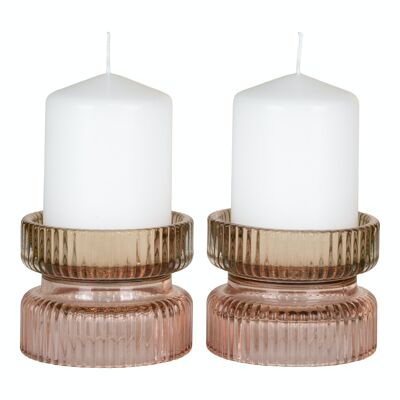 Candle holders - Candle holders in glass, brown/rose, round, Ø9x7 cm, set of 2