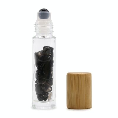 CGRB-07 – Rollflasche für ätherische Öle aus Edelstein – Schwarzer Turmalin – Holzverschluss – Verkauft in 10 Einheiten pro Außenhülle