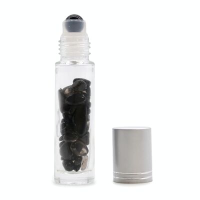 CGRB-14 – Rollflasche für ätherische Öle mit Edelsteinen – Schwarzer Turmalin – Silberne Kappe – Verkauft in 10 Einheiten pro Äußerem