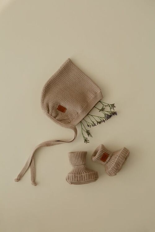 Hand Knitted Merino Wool Baby Bonnet - Cappuccino
