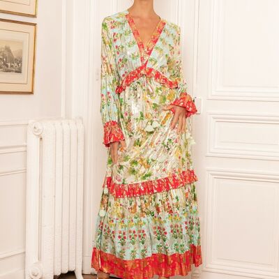 Vestido bohemio estampado volantes con pompones y efecto dorado