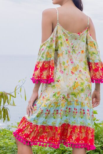 Robe à imprimé floral à nœud à pompon à volants avec effet dorure 4