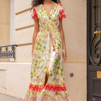 Robe longue à imprimé effet doré , élastique à la taille et boutonnée devant