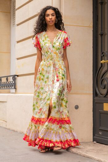 Robe longue à imprimé effet doré , élastique à la taille et boutonnée devant 1