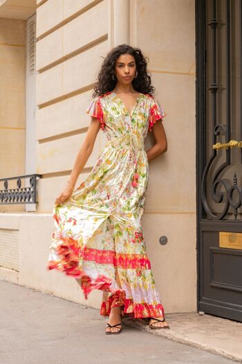 Robe longue à imprimé effet doré , élastique à la taille et boutonnée devant 4