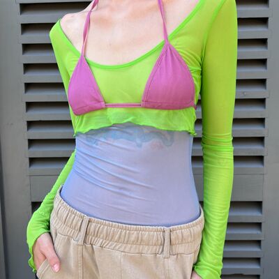Stefani - Crop top 3 pièces à manches longues avec bikini et haussement d'épaules - Multicolore