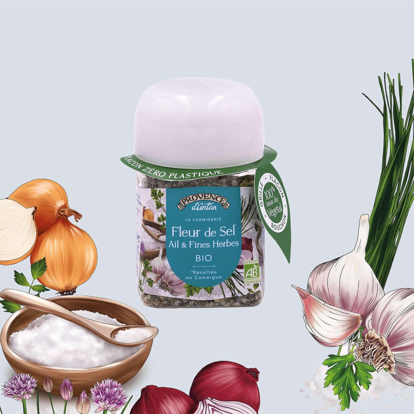 Fleur de Sel* biologico all'aglio e alle erbe aromatiche 70 g - Vaso per piante in PLA
