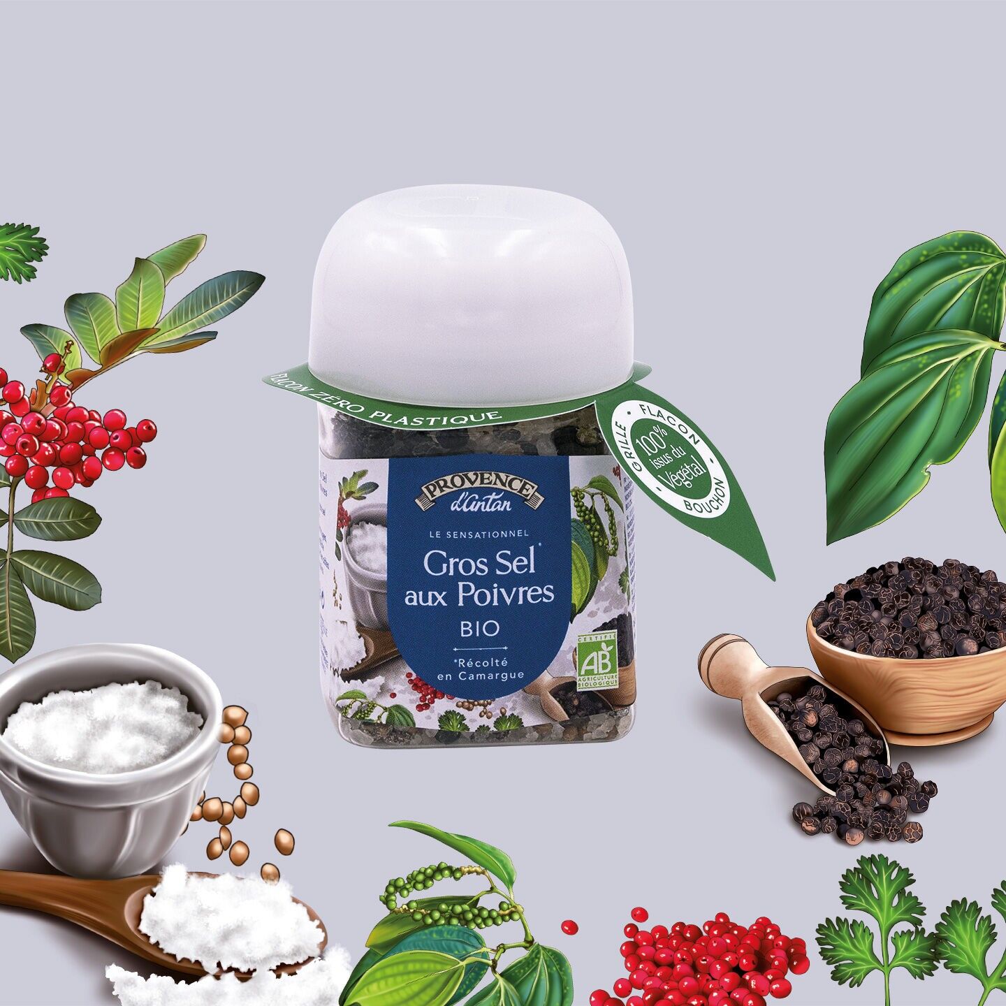 Bio Grobsalz mit 3 Pfeffersorten* 90g - PLA Pflanztopf