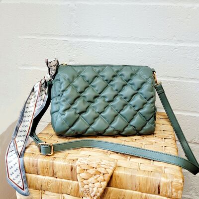 Quilted cross body bag, adjustable PU strap shoulder bag, vegan PU leather messenger bag, fashion handbag with small scarf -2275 green