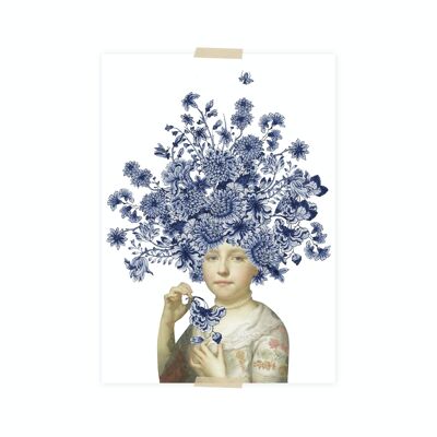 Postcard collage Museum collection - girl blue floral hair