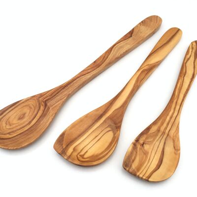 Cooking spoon with a wide pointed handle made of olive wood