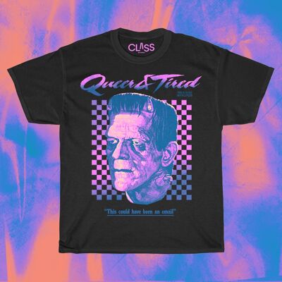 QUEER & TIRED T-Shirt -  Unisex Graphic Print Tee, Retro 80's Frankenstein Design, Vintage Gay Gifts, Halloween Monster Checkerboard Pink Blue