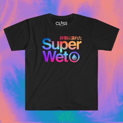 Camiseta SUPERWET - Camiseta Pride, Top de algodón negro, Regalo divertido para hombre, Ropa queer única, Colores del arco iris, Estética retro, Diseño de onda de vapor