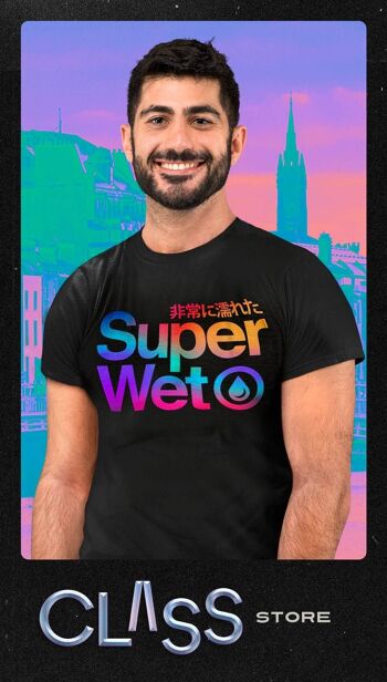 T-shirt SUPERWET - T-shirt fierté, haut en coton noir, cadeau drôle pour homme, vêtements queer uniques, couleurs arc-en-ciel, esthétique rétro, conception Vaporwave 2