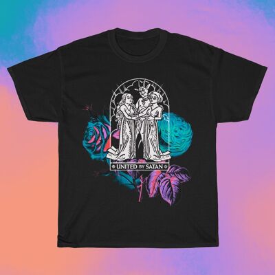 Camiseta UNITED BY SATAN - Camiseta gráfica unisex, Arte queer, Top colorido LGBTQ, Homo demoníaco, Ropa oculta, Camisa con estampado floral, Estilo gótico