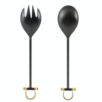 Pack of 2 salad cutlery in 18/8 stainless steel black color with golden insert. Set consisting of a large spoon 29x6 cm and a fork 29x6 cm.