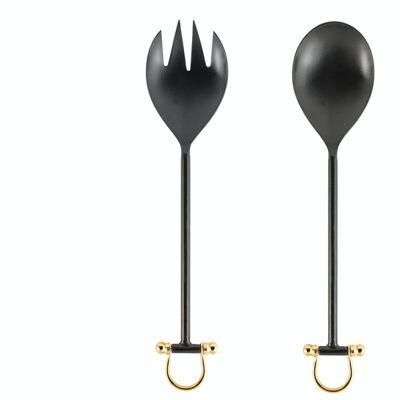 Confezione 2 posate insalata in acciaio inox 18/8 colore nero con inserto dorato. Set composto da un cucchiaione cm 29x6 e un forchettone cm 29x6.