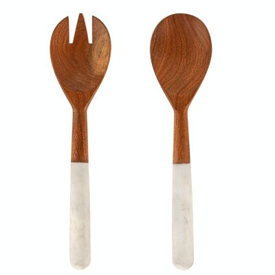 Pack of 2 wooden salad cutlery with white marble handle. Set consisting of a large spoon 30.5x7.5 cm and a fork 30.5x7.5 cm.