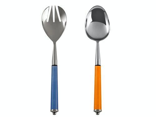 Confezione 2 posate insalata in acciaio inox 18/8 con manici in acrilico colore arancione e blu. Set composto da un cucchiaione cm 29x6,5 e un forchettone cm 29x6,5.