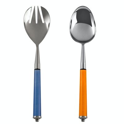 Pack de 2 cubiertos para ensalada en acero inoxidable 18/8 con mangos de acrílico naranja y azul. Set compuesto por una cuchara grande de 29x6,5 cm y un tenedor de 29x6,5 cm.