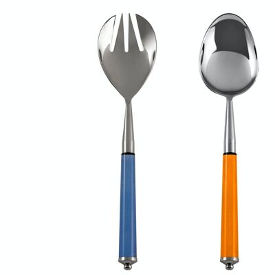 Confezione 2 posate insalata in acciaio inox 18/8 con manici in acrilico colore arancione e blu. Set composto da un cucchiaione cm 29x6,5 e un forchettone cm 29x6,5.