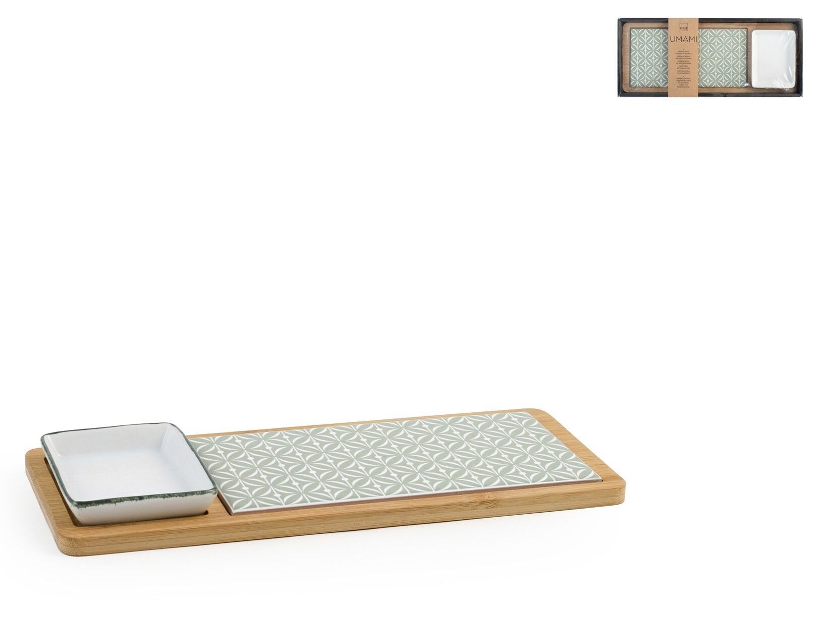 Tagliere in bambù con inserto in stoneware decorato e una coppetta in porcellana bianca cm 12x30.
