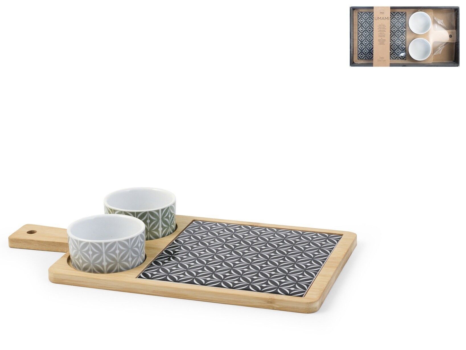 Tagliere in bambù con inserto in stoneware decorato e 2 coppette in porcellana decorata cm 17x32.