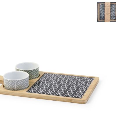 Bamboo chopping board with decorated stoneware insert and 2 decorated porcelain bowls 17x32 cm.