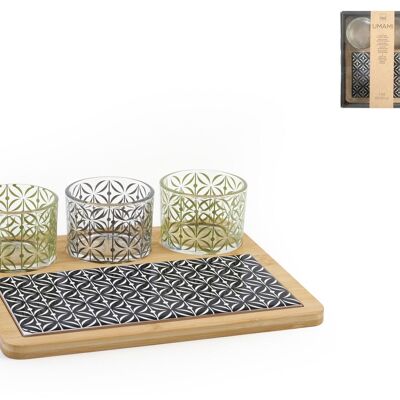 Tagliere in bambù con inserto in stoneware decorato con 3 coppette in vetro decorato cm 20x22.
