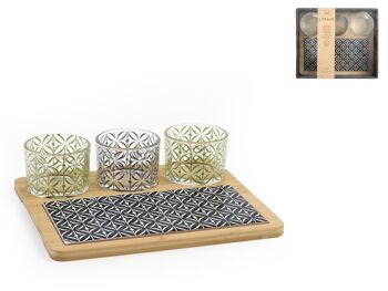 Planche à découper en bambou avec insert en grès décoré de 3 bols en verre décorés 20x22 cm. 1