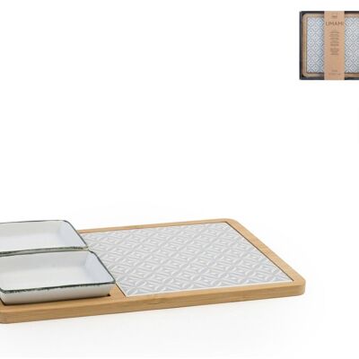 Bamboo cutting board with stoneware insert decorated with 2 white porcelain bowls 17x27 cm.