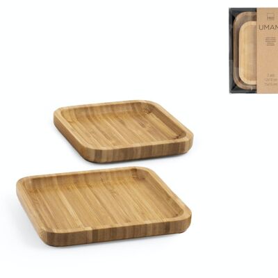 Lot de 2 assiettes/plateaux en bambou de forme carrée 12 cm et 15 cm.