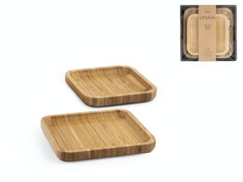 Lot de 2 assiettes/plateaux en bambou de forme carrée 12 cm et 15 cm. 1