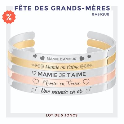Lot bracelets Mamie n°2 | Lot de 5 joncs gravés avec message